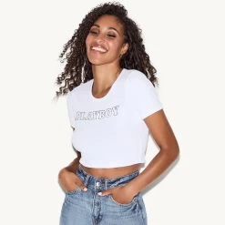 Classic Rhinestone Masthead Baby Tee, White -Playboy Clothing 03 538733 6863299805281 CREWNECK RIB TEE WHITE 34906copy 43b15679 4b21 44b5 b2e2 be2907123864