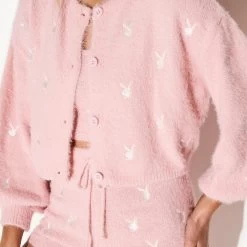Women's Fluffy Knit Crop Top -Playboy Clothing 96 523260 523276 MISSGUIDED FLUFFY KNIT CARDIGAN CROP TOP SHORTS PINK 69813 A WEBSIZE a3f2c408 12aa 48f8 948d 914cafd6007a