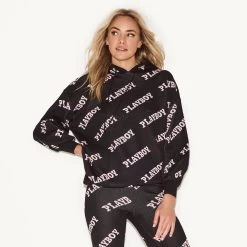 Women's Playboy Masthead Intarsia Knit Leggings -Playboy Clothing 98 527013 MISSGUIDED INTARSIA KNIT KNIT HOODIE LEGGINGGS BLACK PINK 70123 WEBSIZE
