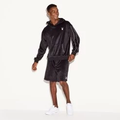 Men's Velour Hoodie Black -Playboy Clothing M32 536527 536533 VELOUR MATCHBACK GAMER HOODIE SHORT BLACK 73591