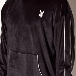 Men's Velour Hoodie Black -Playboy Clothing M32 536527 536533 VELOUR MATCHBACK GAMER HOODIE SHORT BLACK 73689