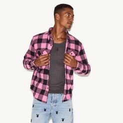 Men's Flannel Long Sleeve Shirt, Pink Plaid
