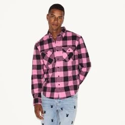 Men's Flannel Long Sleeve Shirt, Pink Plaid -Playboy Clothing M33 537801 6861585743969 MENS BRUSHED FLANNEL PINK PLAID 72826 A