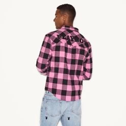 Men's Flannel Long Sleeve Shirt, Pink Plaid -Playboy Clothing M33 537801 6861585743969 MENS BRUSHED FLANNEL PINK PLAID 72856 A