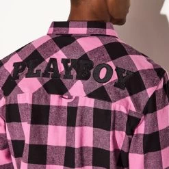 Men's Flannel Long Sleeve Shirt, Pink Plaid -Playboy Clothing M33 537801 6861585743969 MENS BRUSHED FLANNEL PINK PLAID 72877 A