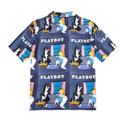 Soulland June 1954 Playboy Camp Shirt -Playboy Clothing PLAYBOY SOULLAND ORSON SHIRT NAVY WITH BUNNY JUMPING COUCH PRINT 02 08efae1e 4aaf 4f89 b700 19ac6a855bf5