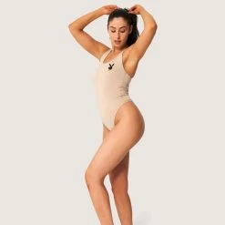Women's Bunny Head Bodysuit -Playboy Clothing Playboy Womens Bodysuit Tan 1948